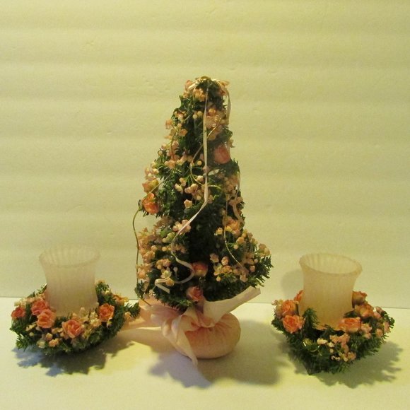 vtg Victorian Christmas ornaments with pink rose Xmas tree with 2 candle holder - Picture 5 of 9